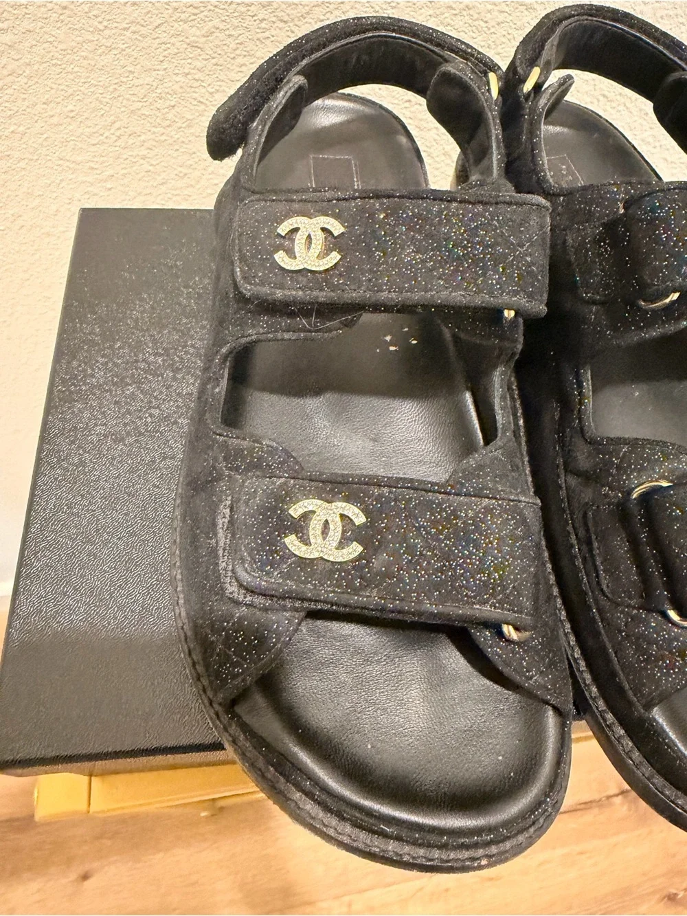 CHANEL Suede Kidskin Glitter Crystal Velcro Dad Sandals 39 Black Silver